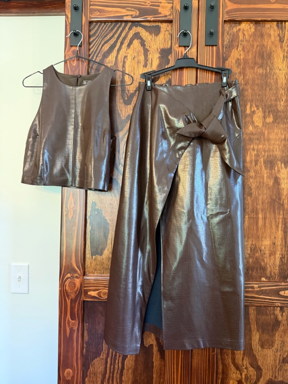 Line and dot faux leather two piece